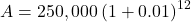 A = 250,000 \left(1 + 0.01\right)^{12}