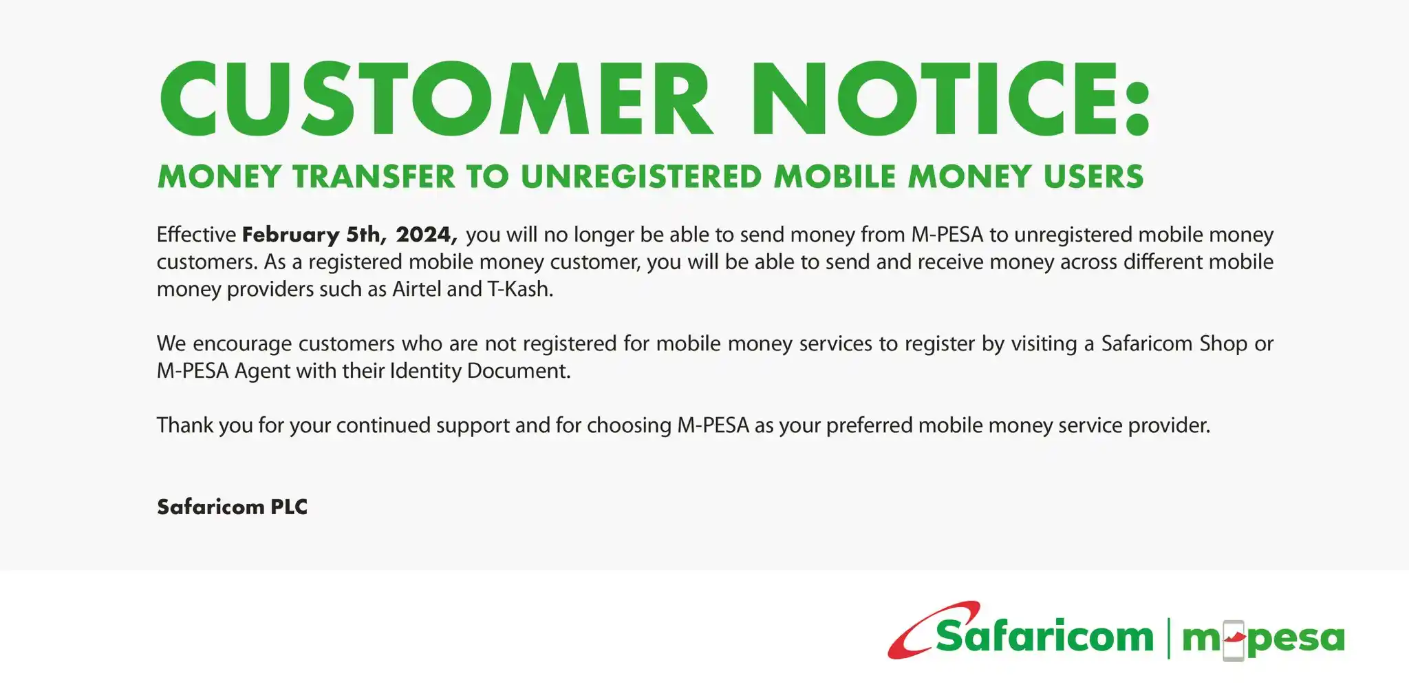 Mpesa charges 2024 for unregistered users Safaricom stops transfer to unregistered users