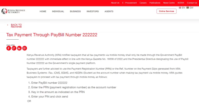 KRA Paybill Pay taxes with Mpesa