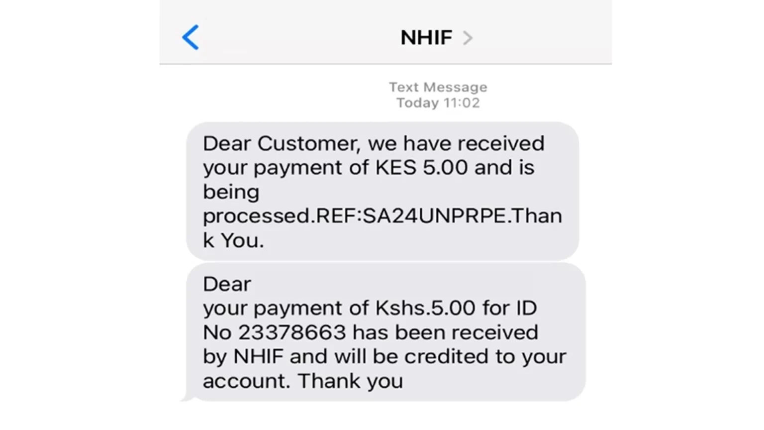 NHIF Paybill sms notification