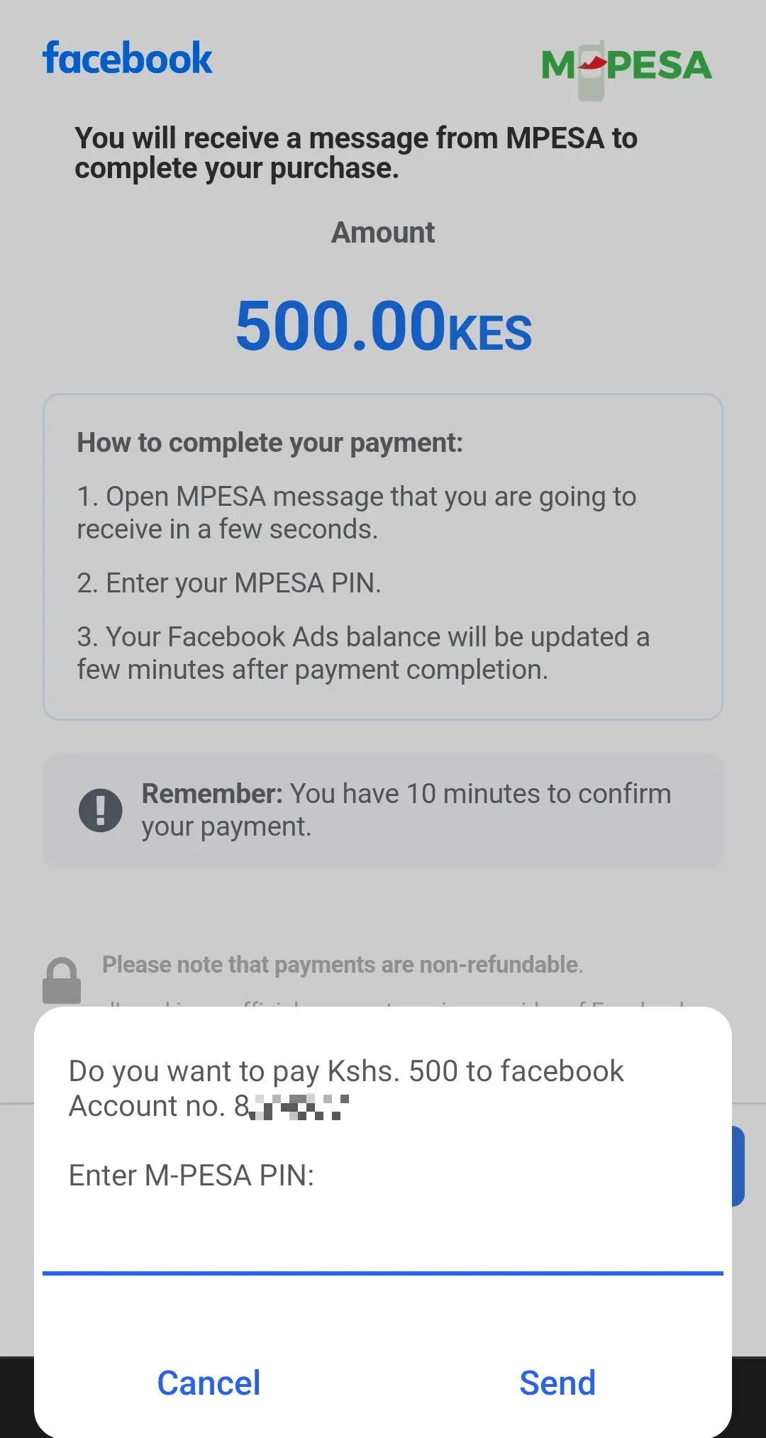 Facebook Ads pay via M-Pesa Last step Enter PIN