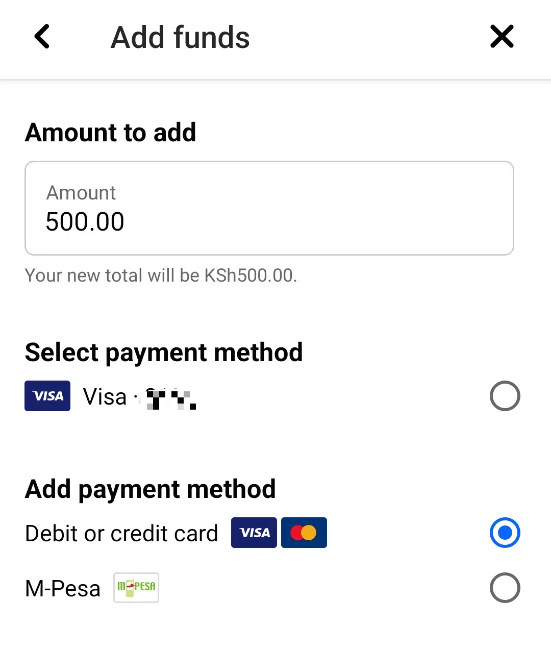Paying for Facebook Ads in Kenya Prepay M-Pesa Billing and Payments step 2 Enter Amount and Select Payment Method