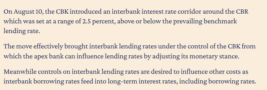 Inter-Bank Rate 2 cbk introduces inter bank rate around the cbr set at 2.55 above or below the prevailing lending rate august 102023