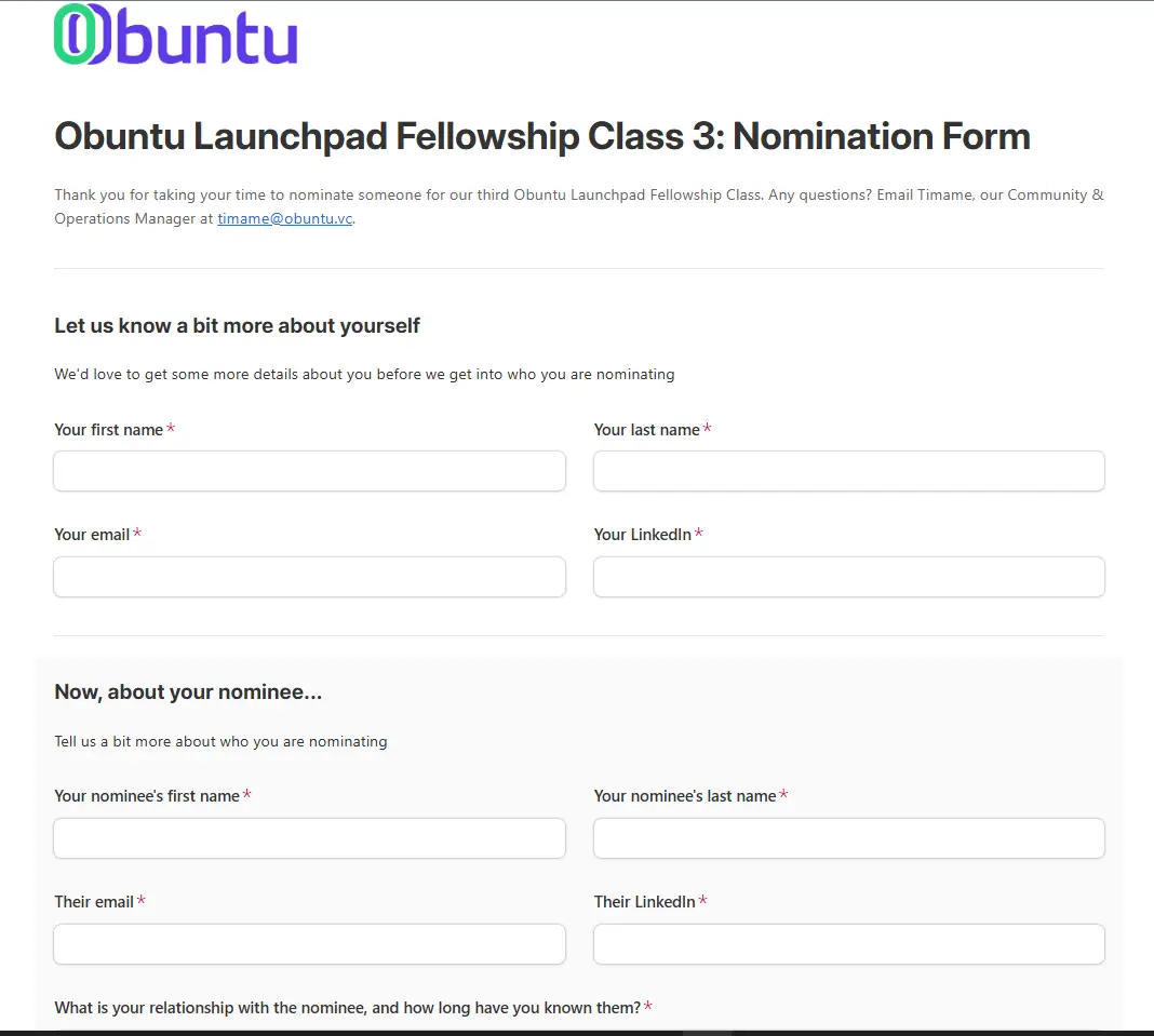 Obuntu Launchpad Fellowship for African Fund Managers nomination form