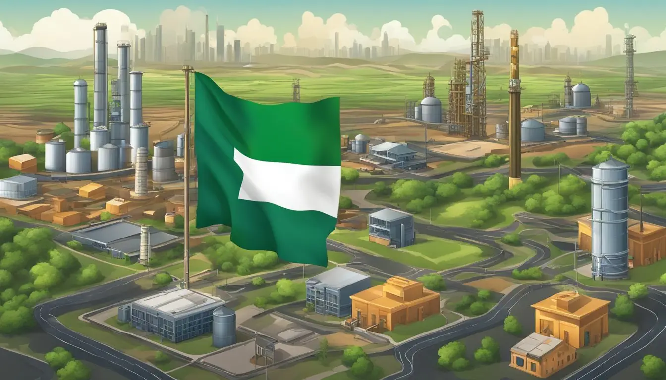 A bustling city with skyscrapers and factories, surrounded by oil fields and agricultural lands. Nigeria's flag flies proudly in the center