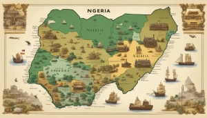 A map of Nigeria with various symbols representing different historical owners, surrounded by depictions of colonial powers and indigenous rulers