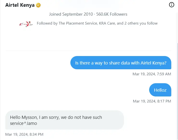 Airtel Kenya data gifting and sharing not possible