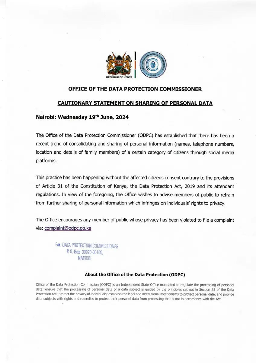 Government Warns Kenyans Against Sharing Personal Data Online Official Announcement