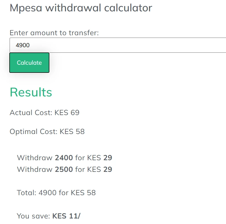 MPesa Withdrawal Savings Calculator