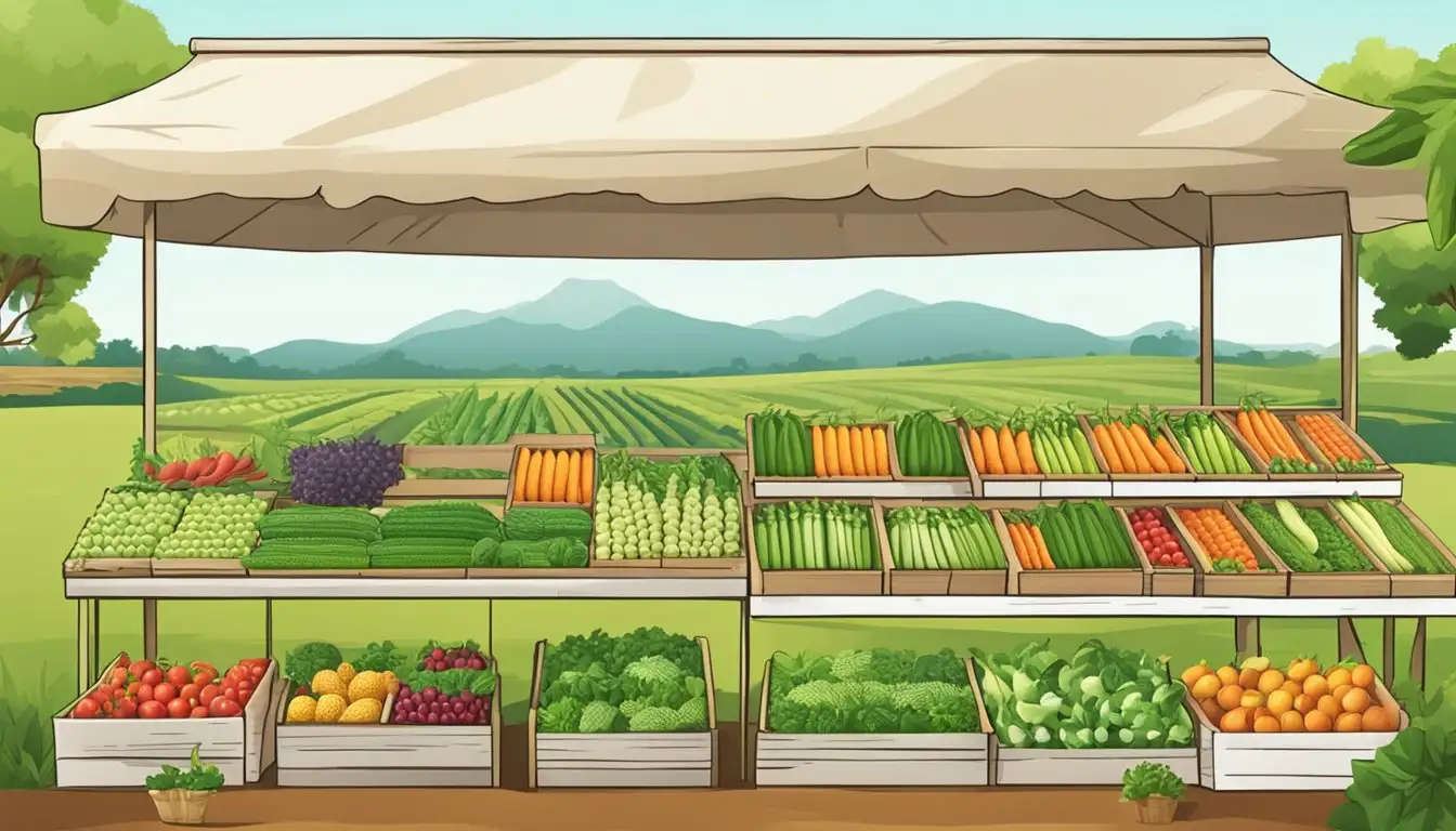 A lush, green farm with rows of vegetables and fruits, a small market stand, and a sign promoting organic farming in Kenya