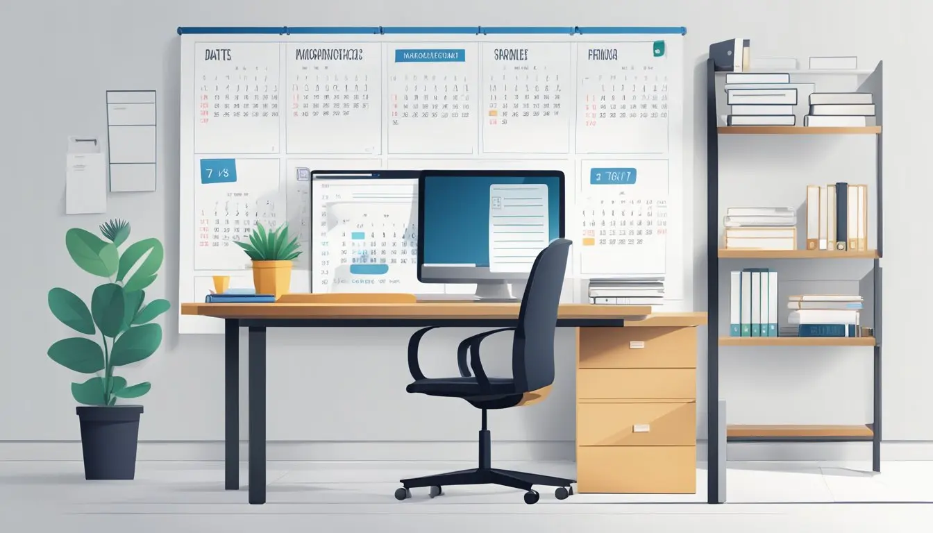 A calendar with marked dates, a stack of contracts, and a busy office desk with a computer and phone