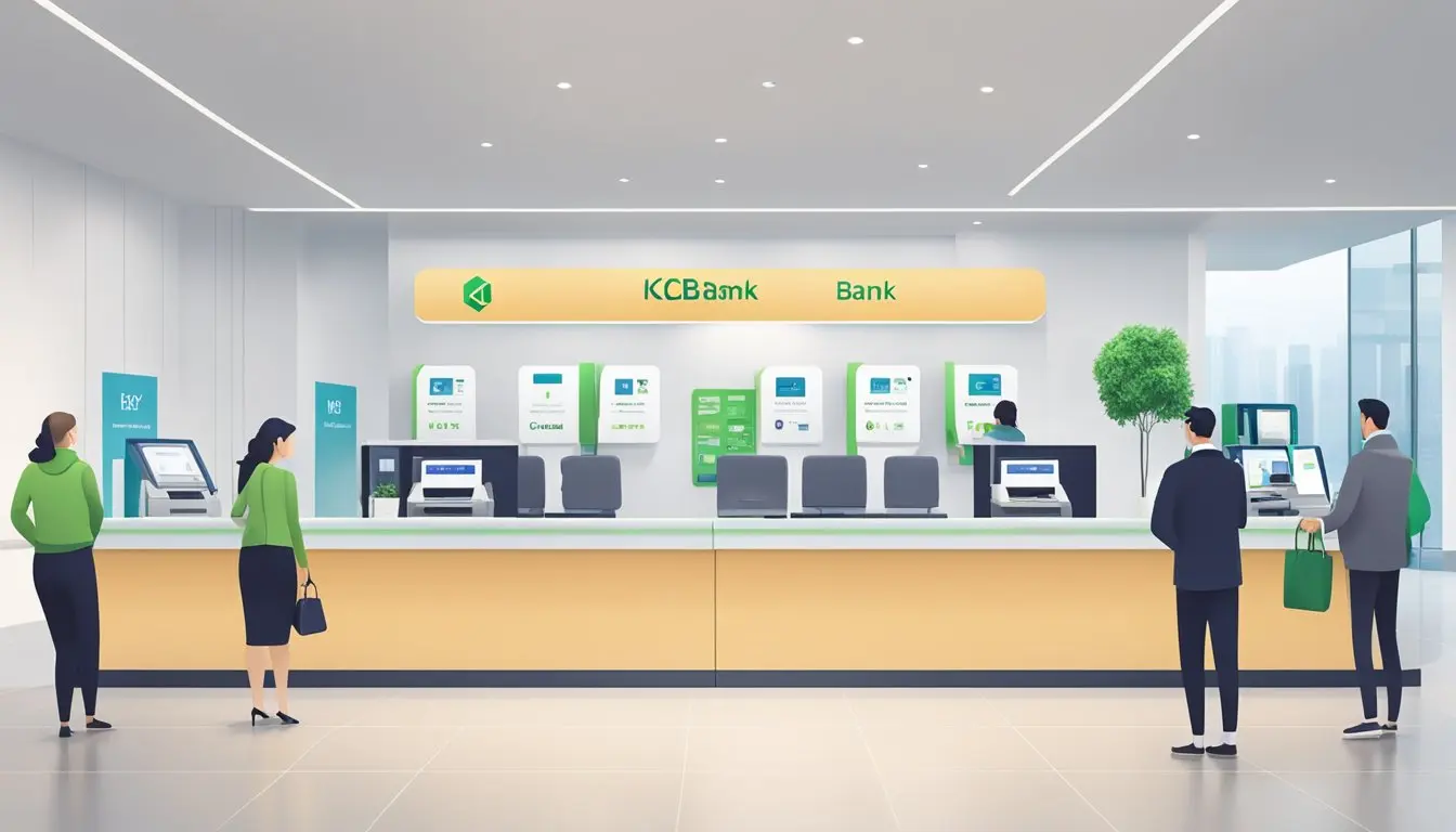 A modern bank branch with KCB logo, teller counters, ATMs, and customers conducting transactions