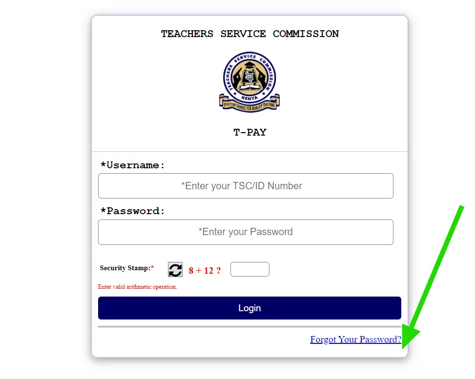 TSC T-Pay forgot your password