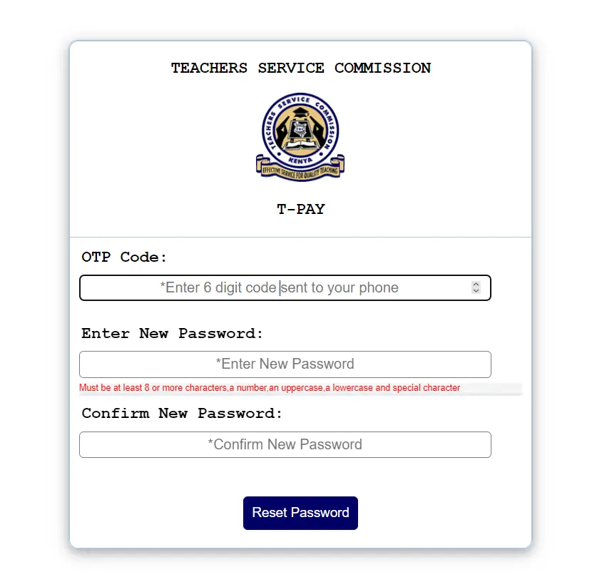 TSC TPay reset password enter 6 digit code