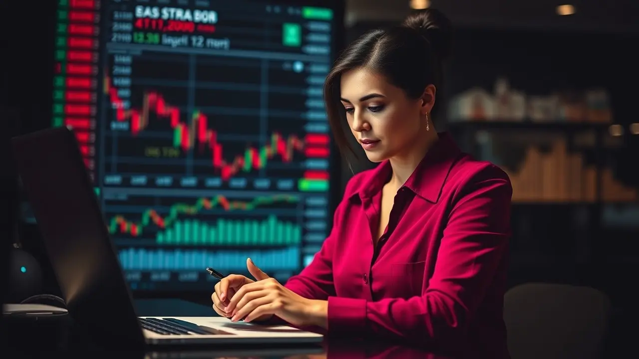 forex trading skintone dark photorealistic mockup. shows a lady doing stock trading